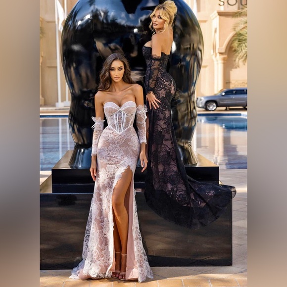 Portia And Scarlett - PS24108 Black/nude lace formal gown with removable sleeves - Picture 5 of 7